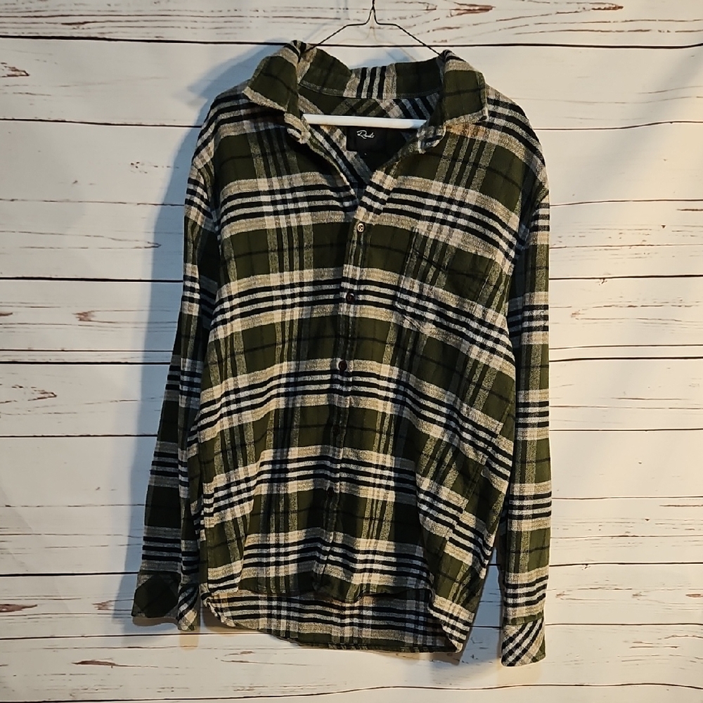 Rails Women's‎ L Flannel Button Down Shirt Olive Green Plaid Long Sleeve LaRGE